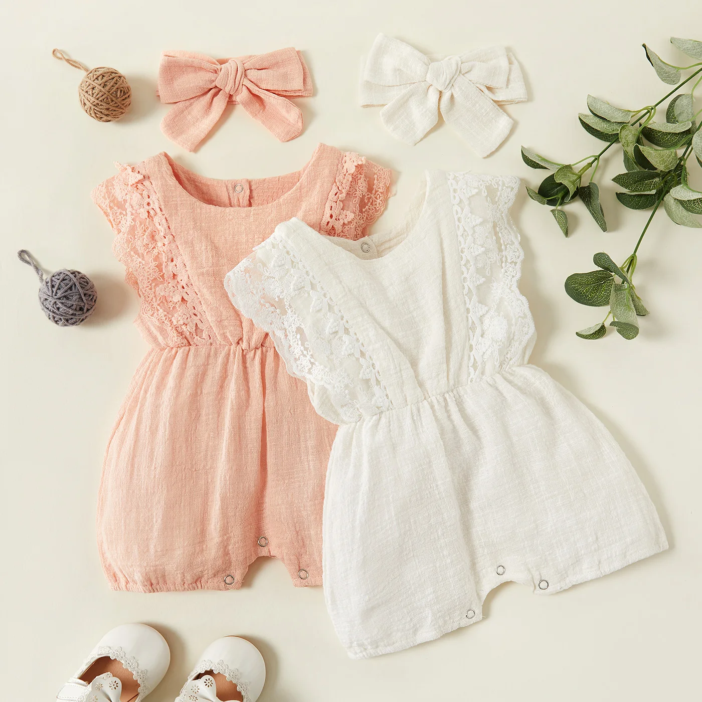 

Baby Girl Solid Cotton Romper with Headband