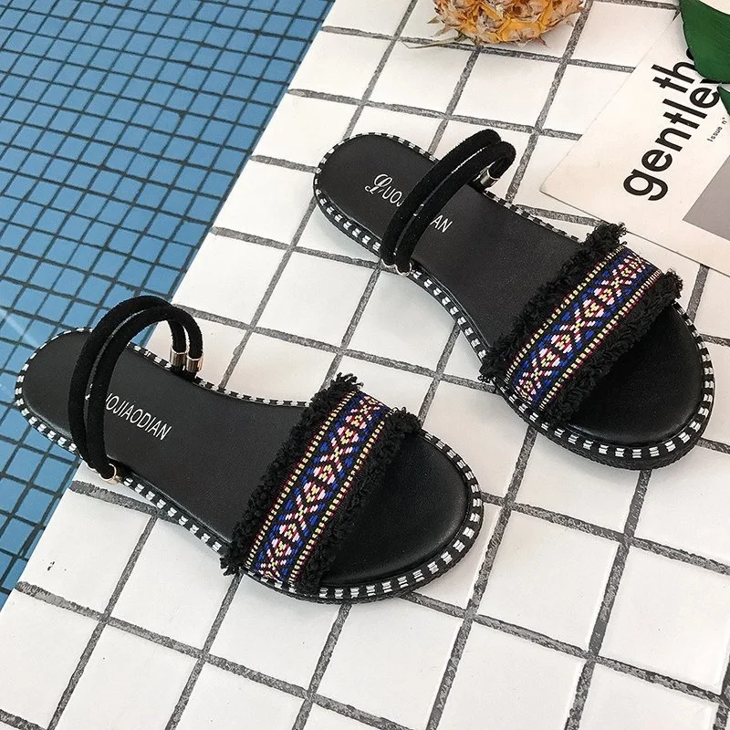 

2021 summer new family style one shoe two sandals one word open toe flat bottom fashion tassel slippers