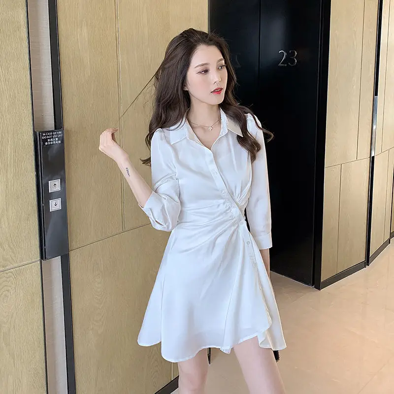 

2021 new summer pleated shirt dress women's white fresh waist skirt