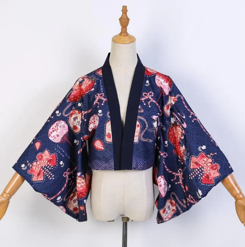 Short Haori Blue Японский стиль кимоно куртка Красный милый клубника длинное пальто Haori - Цвет: Short Haori Blue