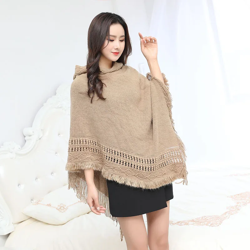 

Women's Solid Color Hollow Tassel Hooded Cloak Shawl