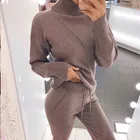 Модный комплект из 2 предметов, Женский вязаный спортивный костюм, свитер с высоким воротником и штаны на шнурке для бега, пуловер, комплект из свитера, вязаный костюм