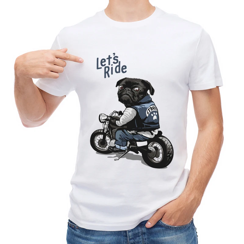 

TEEHUB Funny Black Pug Men T Shirt Pug On Motorcycle Printed T-shirt Short Sleeve Casual Tops Fashion Boy Tees