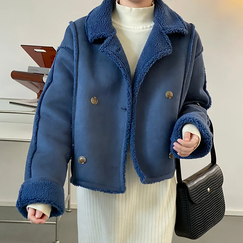 

Spring Winter Women Fashion Parkas Double-breasted Solid Color Warm Long Sleeve High Street Top Short Jacket Thicken Y2k Vintage