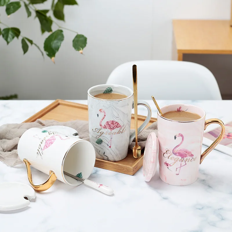 

Cute Flamingo Mug Creative Ceramic Marble Coffee Cup Couple Cup 400ml Nordic Afternoon Tea Cup Drinkware