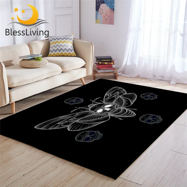 BlessLiving Moth Large Carpet for Living Room Black White Soft Floor Mat 3D Print Skull Area Rug 122x183cm Spot Gothic Tapis 1