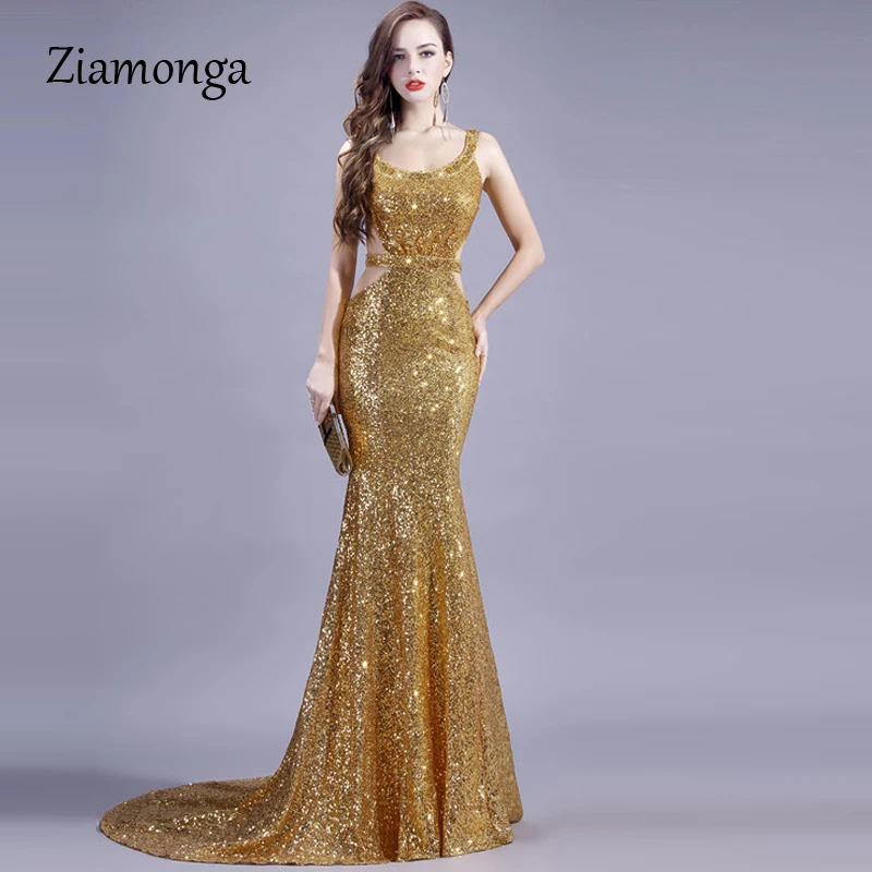 Женское блестящее вечернее платье Русалка Ziamonga длинное макси с круглым вырезом и