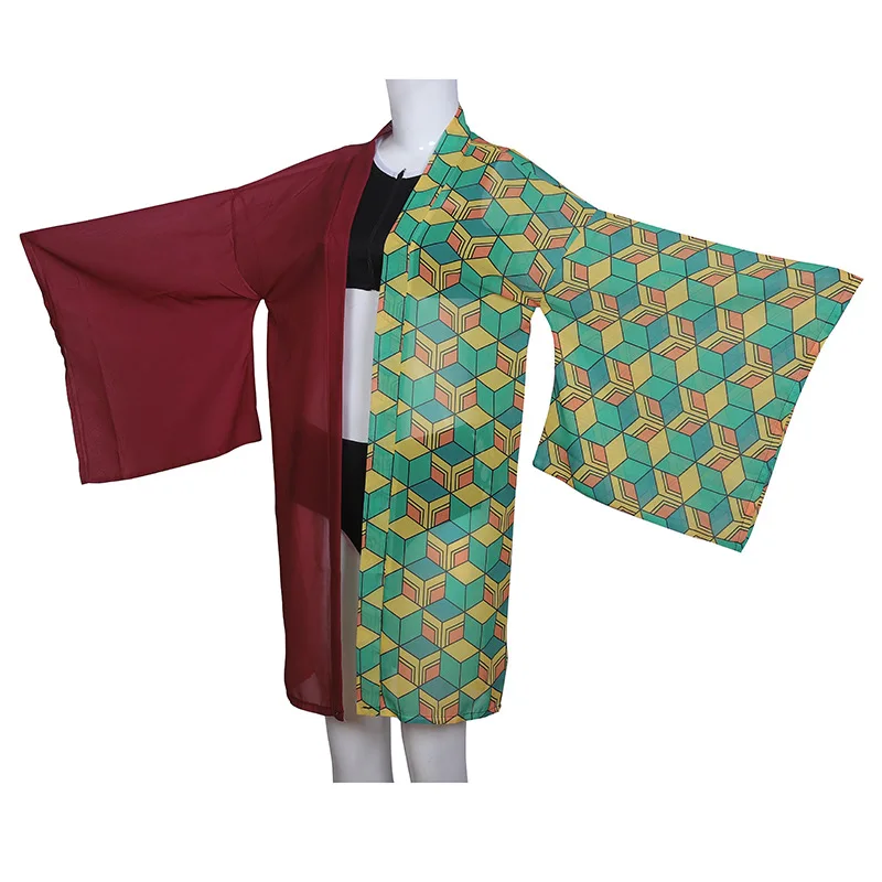 Demon Slayer Cosplay Swimsuit Kimetsu no Yaiba Kamado Tanjirou Two Piece V Neck Bathing Suit with Sheer Kimono Cardigan |