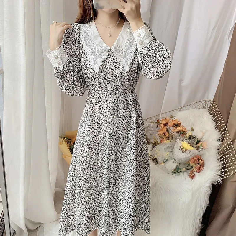 

Women's Long Sleeve Floral Chiffon Dress 2021 Spring Lace Turn Down Single Breasted Casual Party Dresses Female Vestidos