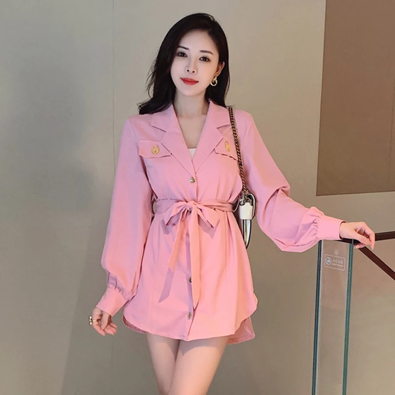 

Pink Notched Collar Single Breasted Jackets Coats Women Lace Up Office Lady Elegant Outwear Long Sleeve Runway Coats D059
