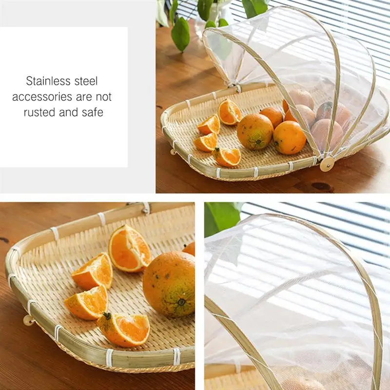 Handmade Wicker Basket With Gauze Bamboo Tray Fruit Vegetable Storage For Kitchen Picnic Food Dust-Protection |