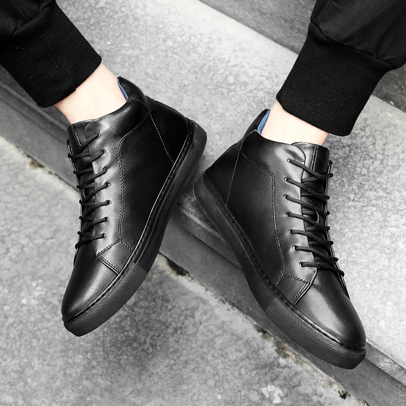 2019 autumn winter fashion men's shoes casual genuine leather male flats sneakers black high top shoe man platform for men |