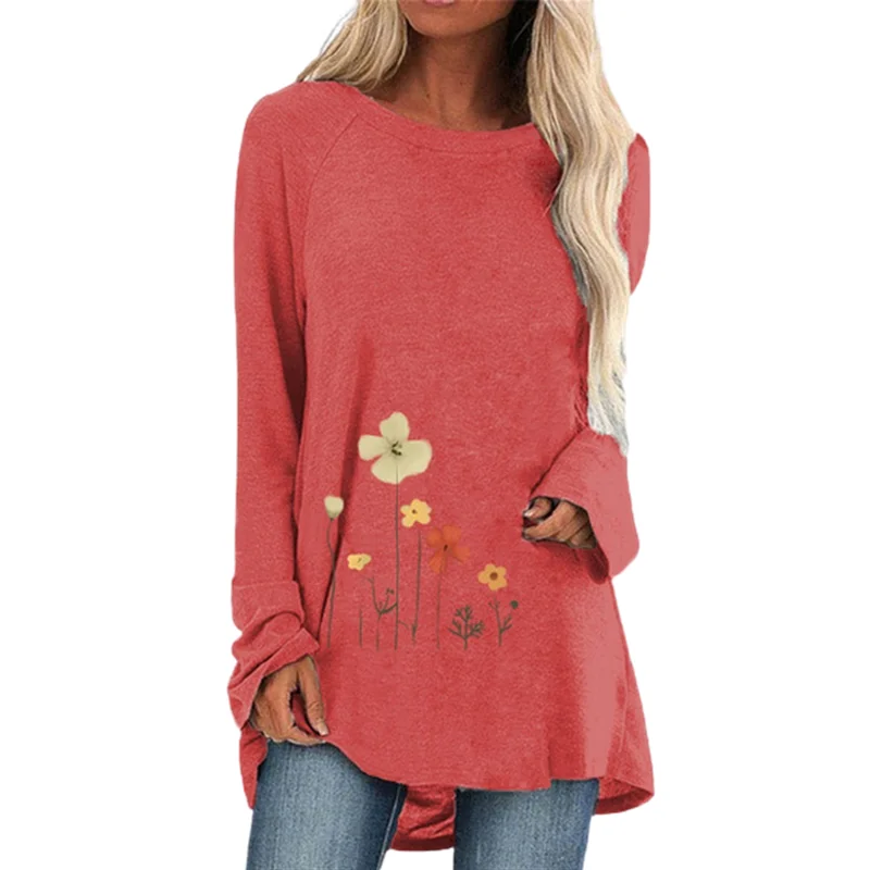 Spring And Autumn Shirt Large Size O-Neck Fashion T-Shirt 2021 Floral Print Long Sleeve Loose Casual Top Street Wear