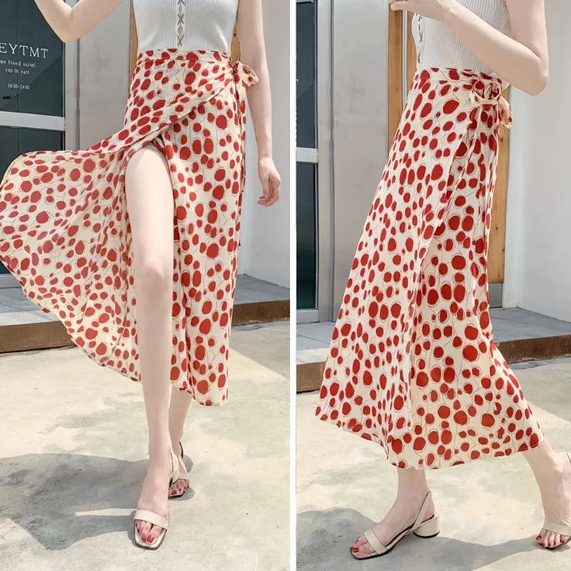 

Skirts Womens Vintage Bandage Fashion Print Wrap Summer Midi Skirt Female Slim High Waist Chiffon Beach Long Skirts Vacation