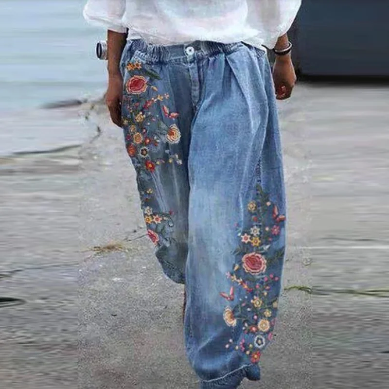 

Women Elastic Waist Harem Jeans Loose Denim Pants New Chic Daisy Print Button Imitation Cowboy Spring Summer Streetwear Trousers