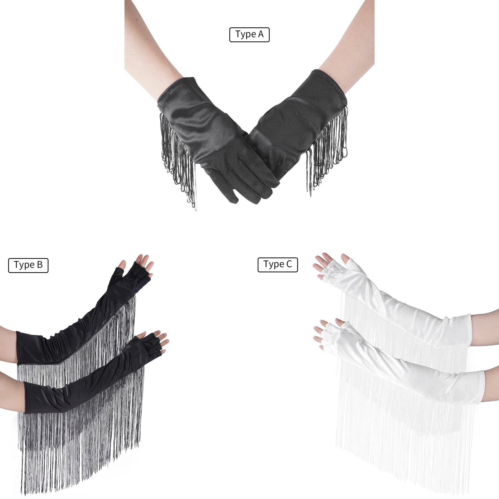 

Satin Long Gloves Womens Evening Party Prom Gloves Opera Party Gloves 1920s Elastic Elbow Gloves Fingerless Fringe Tassel Gloves