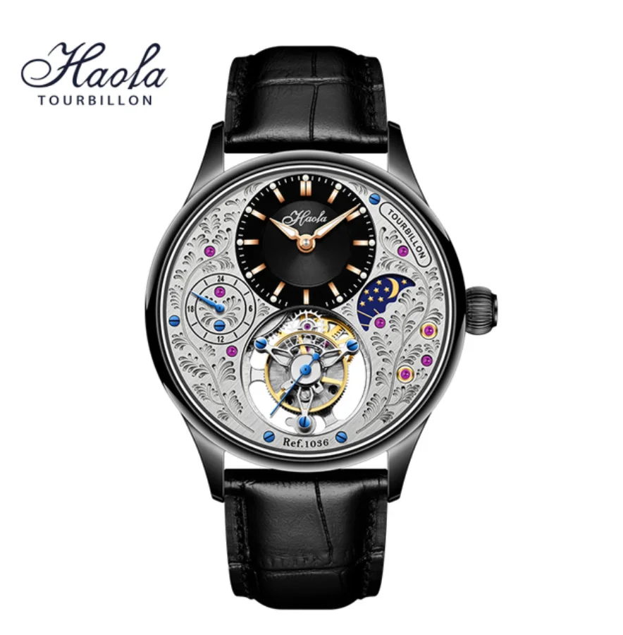 

Haofa роскошные часы для мужчин Tourbillon часы Сапфир Водонепроницаемый GMT moonphase циферблат резной реплики дизайн