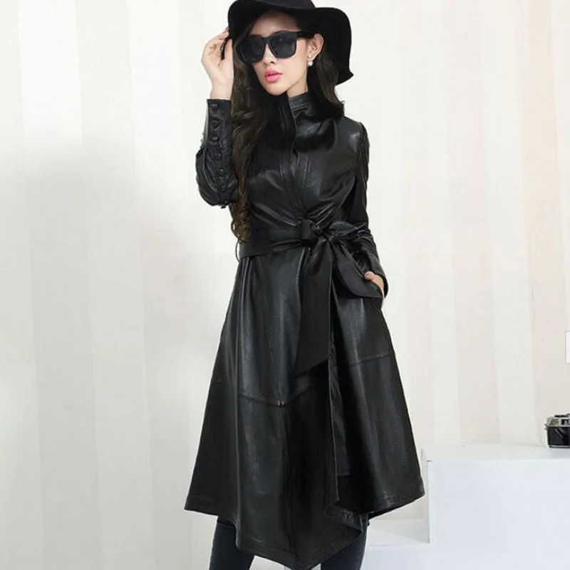 

Women's Leather Coat 2020 New Autumn Winter Windbreaker Coat Long Lrregular Sheep Skin Leather Jacket With Belt Manteau Femme