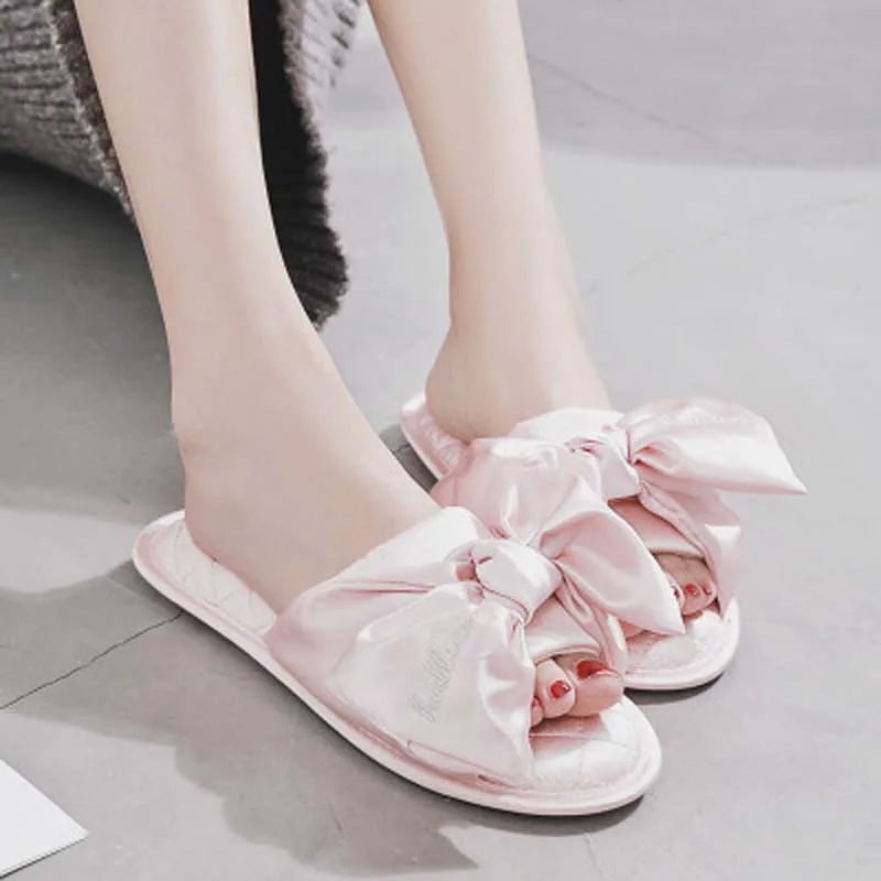 Autumn new products big bow silky waterproof non-slip rubber sole indoor home slippers women
