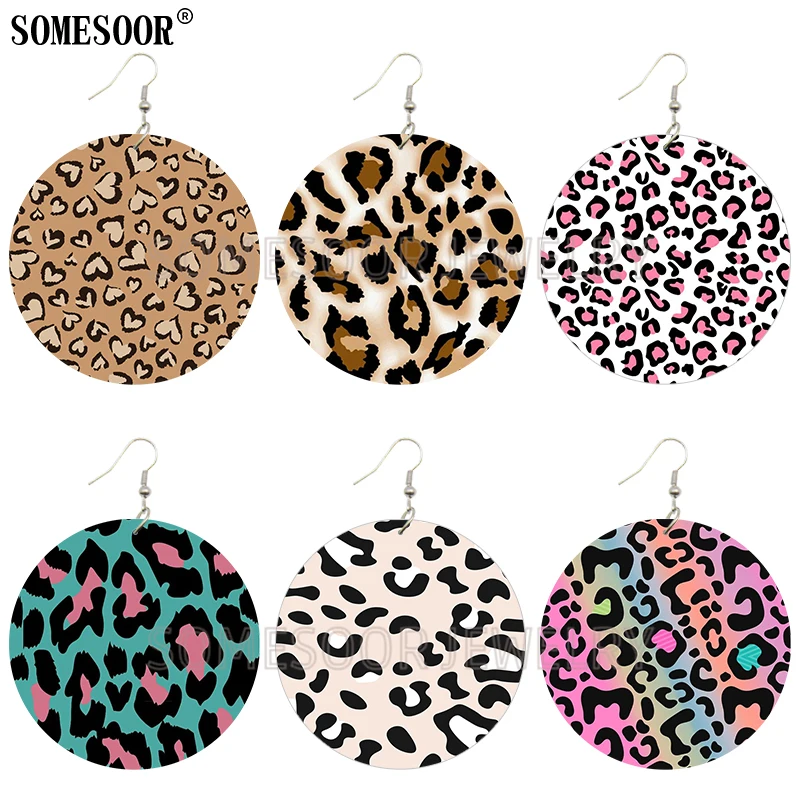 

SOMESOOR Jewelry Leopard Skin Hand Drawn Animal Design Both Sides Printing Wooden Drop Loops Cute Earrings For Women Gifts