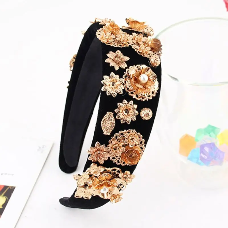 

Women Luxury Heavy Duty Baroque Headband Gold Alloy Flower Rhinestone Hair Hoop