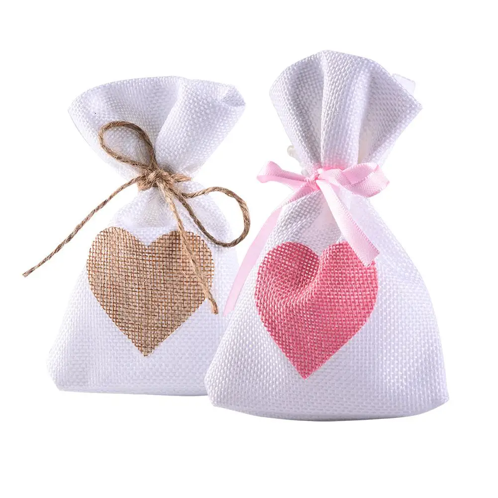 

12pcs Gifts Bag Trendy Natural Linen Pouches Heart Pattern Drawstring Linen Bags Wedding Gift Bags Candy Jewelry Party Favor Bag