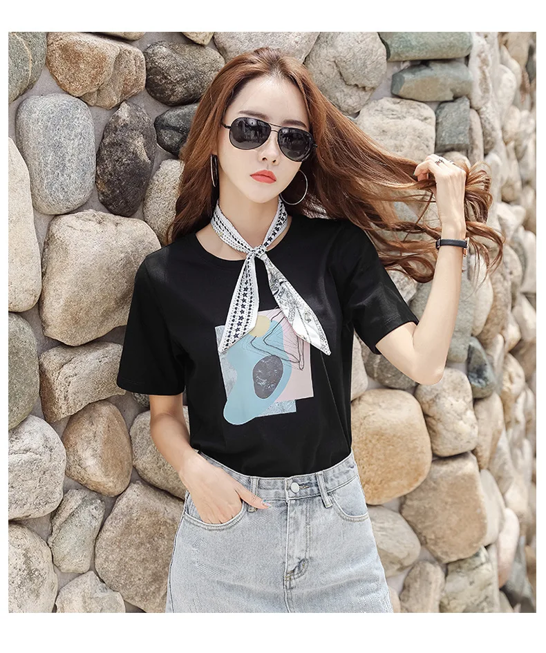 

T-Shirts Print Women T Shirts O-Neck Short Sleeve Summer Tops Tee Trend style Rose Print Vogue clothing White
