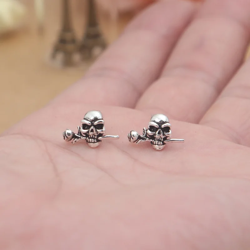 Настоящее серебро 925 пробы серьги в виде черепа с розами рот готические шпильки