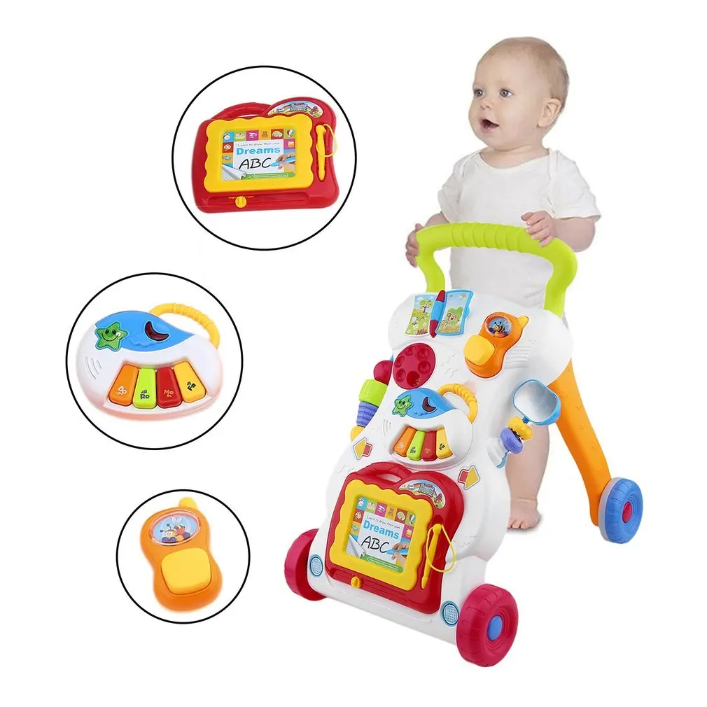 Baby Walker Toddler Trolley Sit-to-Stand Walker for Kid's Early Learning Educational Musical Adjustable Baby First Steps Car