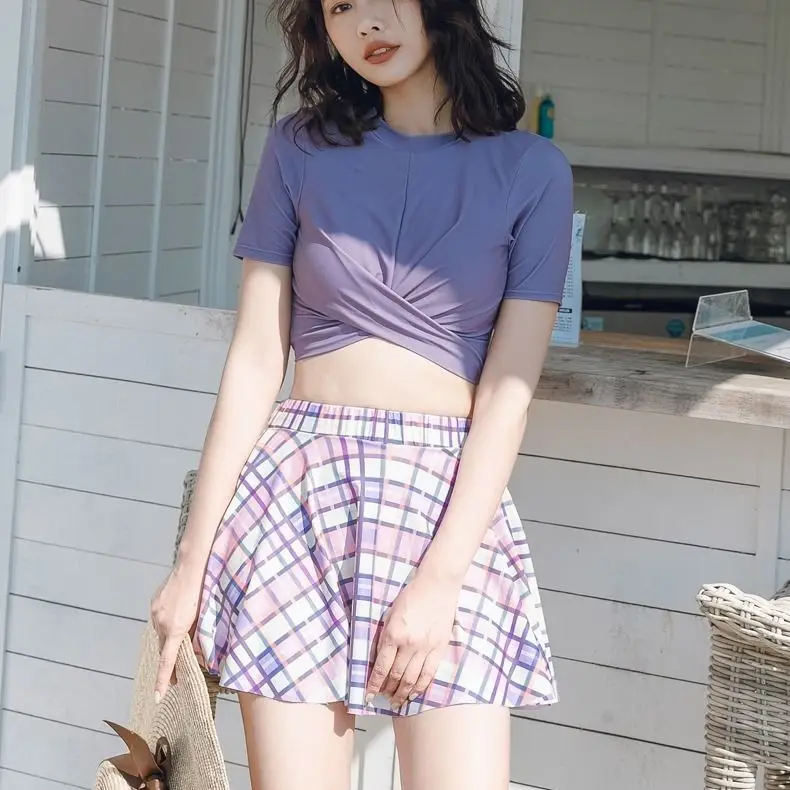 

Bikinis Set Womens Summer Two Piece Hollow Out Halter Bow Plaid Print Crisscross Split Swimsuit Kawaii Cute Safety Women Hot New