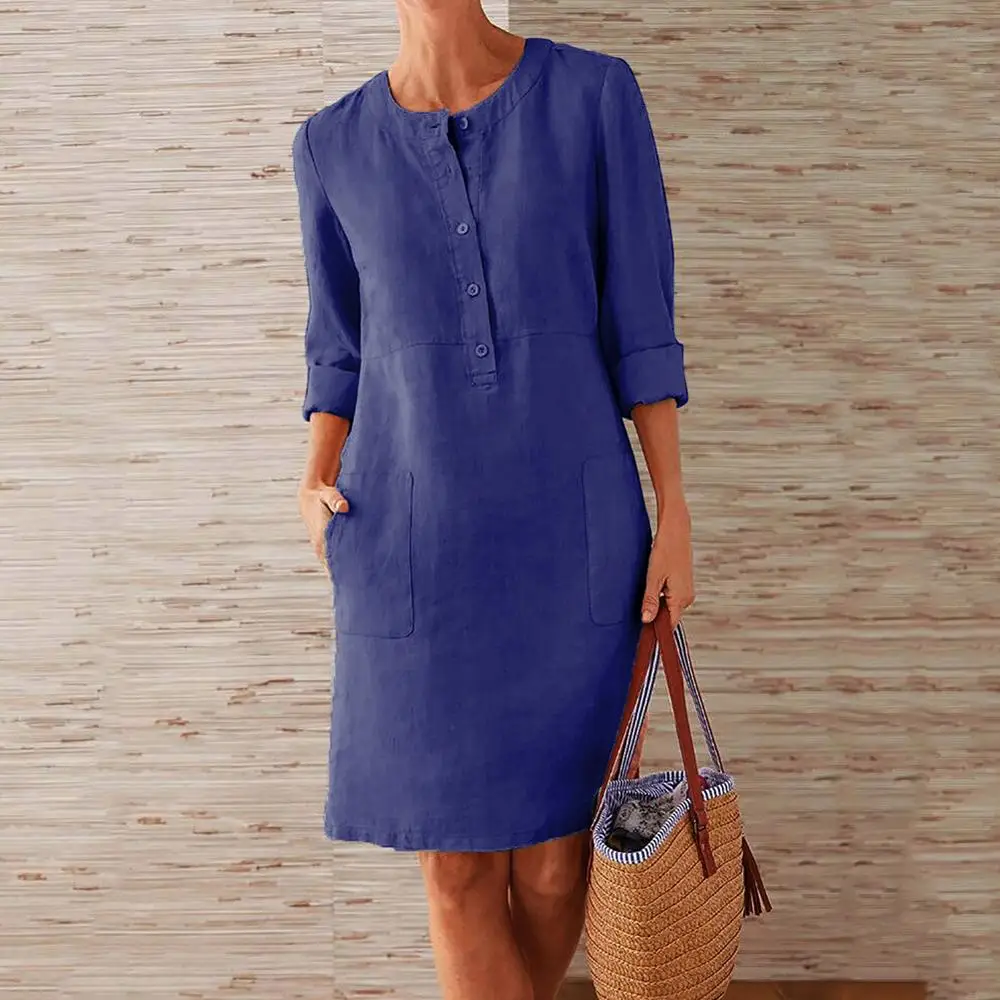 

Cotton Linen Mid-Long Dress 2020 Fashion Women Button O-Neck Party Dresses Woman Seven Sleeve Pocket Blue Vestidos Oversize 5XL