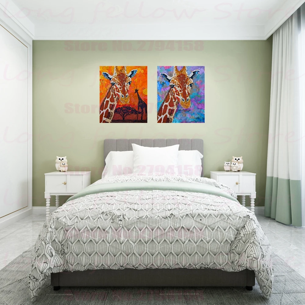 

Multicolor Canvas Printed Cartoon Giraffe Animal Painting for Kid's Bedroom Hallway Home Decor Abstract Artwork Drop Shipping