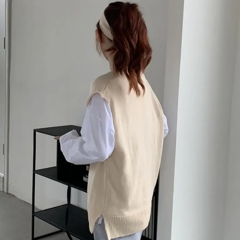 

2020 Spring Autumn Women Knitted Sweater Sleeveless Women Loose Vest Ladies V-Neck Pullover Tops Waistcoat Pull Femme