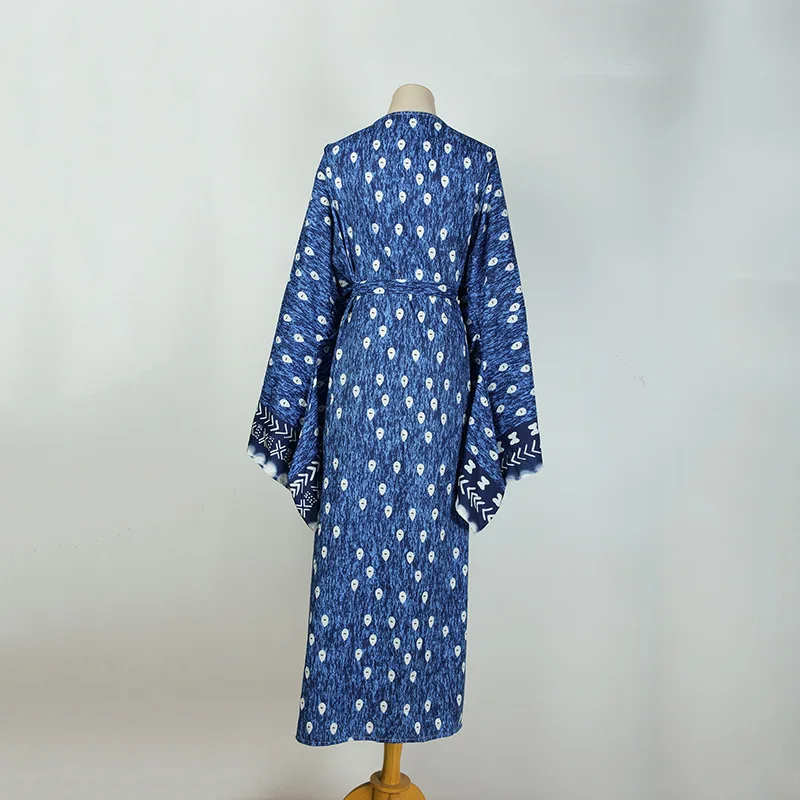 

Summer Beach Dress Woman Print Blue Lace up Fared Long Sleeve V neck Split Ladies Sexy Swimsuit Cover up Boho Clothing