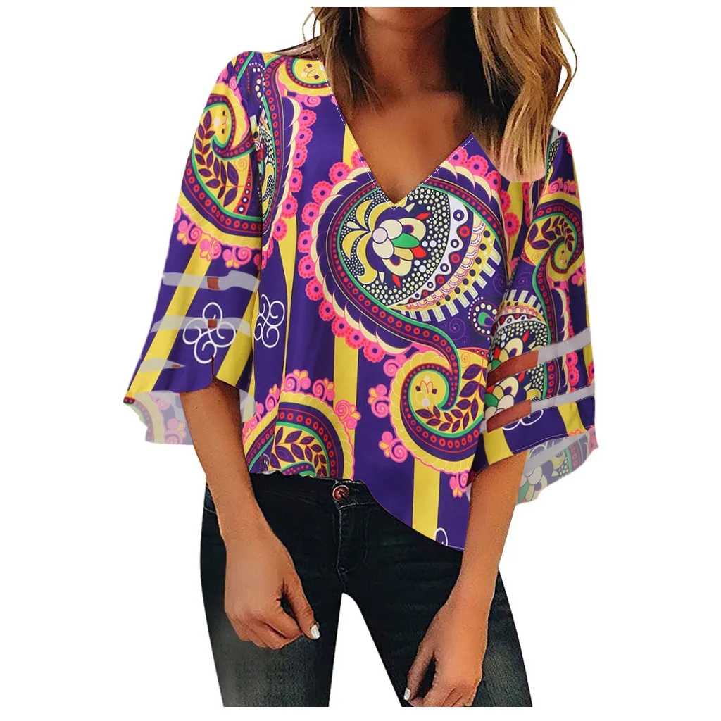 Блузка женская в этническом стиле с V образным вырезом и винтажным