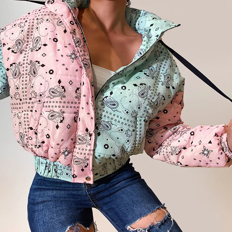 2022 Fashion Casual Cute Pattern Colorblock Hooded Long Sleeve Zipper Short Padded Clothes for Women