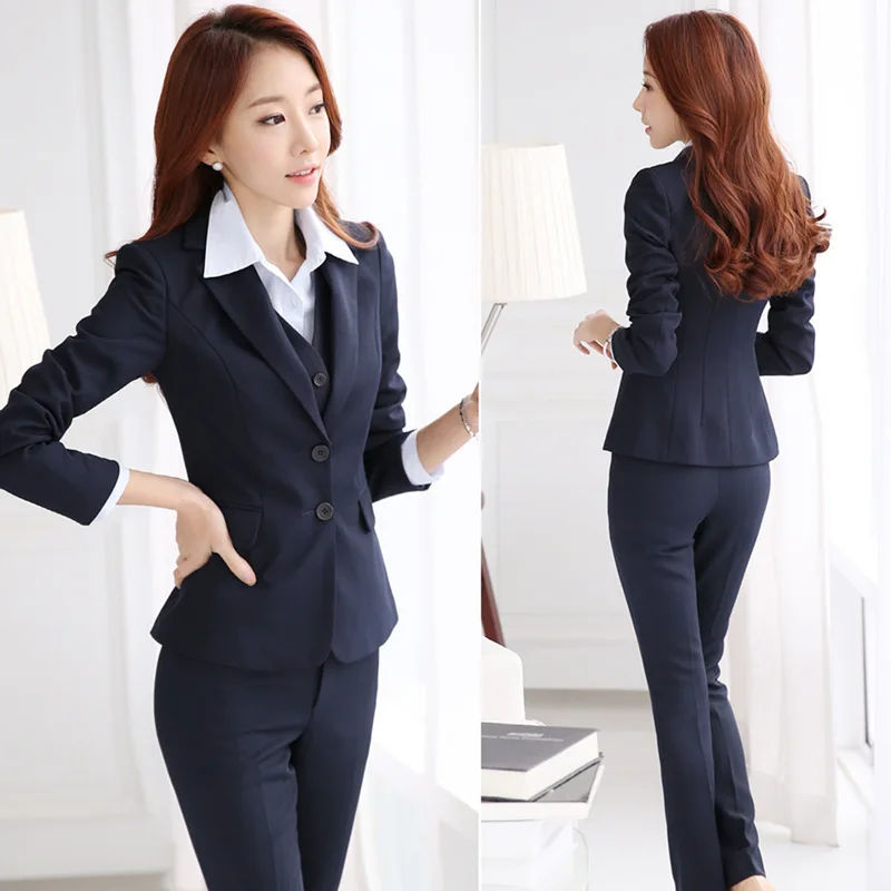 IZICFLY Autumn Winter Blue Slim Office Pants Suit with Blazer Set Uniform Elegant Business Women Suits with Trouser work wear