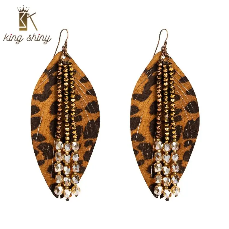 

Vintage Bohemian Crystal Beaded Dangle Earrings for Woman Hand Made Leopard Pattern Genuine Leather Pendant Earring Girl Jewelry