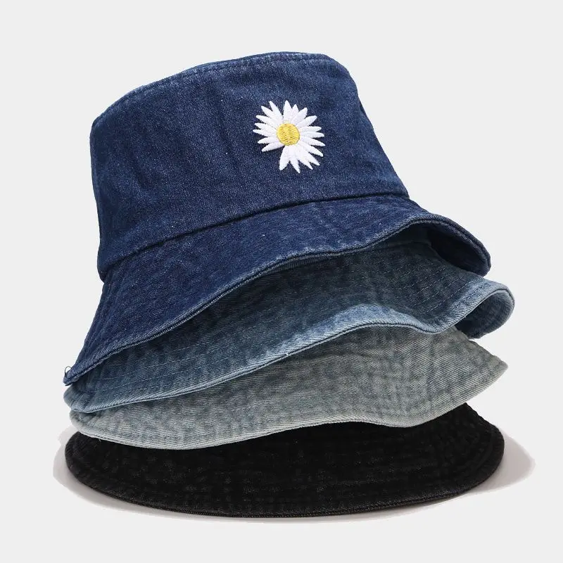 

Adult Kids Summer washed denim Bucket Hat embroidery floral Wide Brim Beach UV Protection Round Top Sunscreen Fisherman Cap