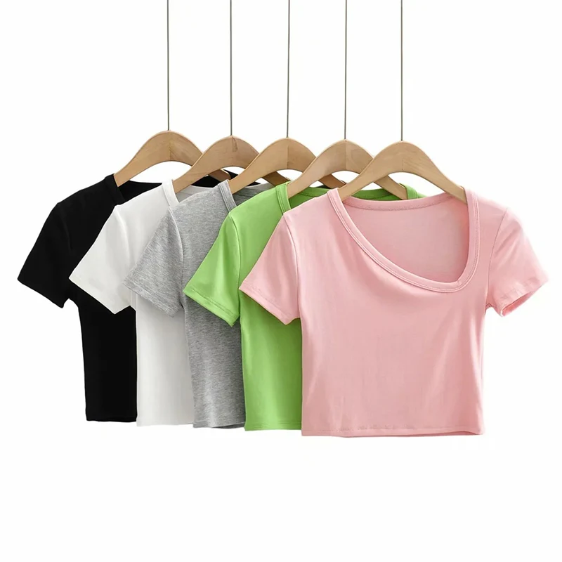 

Summer Basic Tee Shirt Asymmetrical Tee Tops Pullover Women's Clothing Crop Top Casual Slim Short Sleeves Solid Blusas Lady
