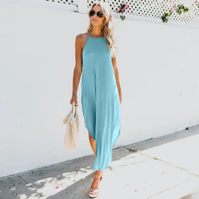 Женское летнее длинное платье новое модное однотонное без рукавов на бретельках