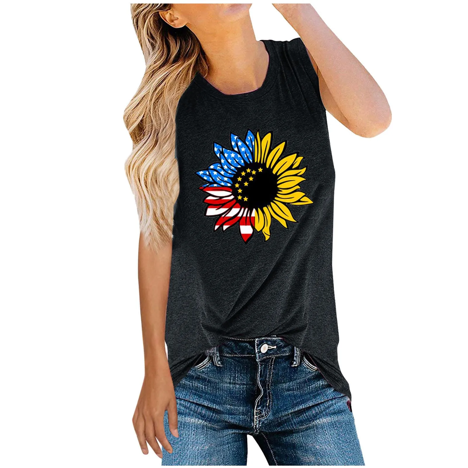 

Women's Street Style Blouse Casual Loose Tops With Sleeveless O-neck Flower Print Independence Day Series Printed Tank Top Футбо