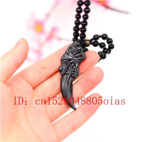 Натуральный черный китайский нефрит обсидиан кулон ожерелье волчий зуб