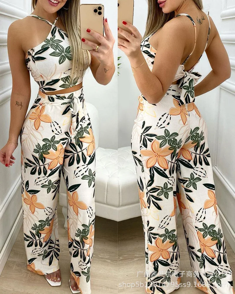 

Women Pant Suit Floral Print Halter Neck Halter Lace-up Blouse Wide-leg Pants Elastic Waist Summer Fashion Sleeveless Suit