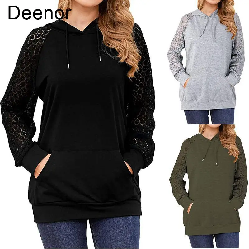 

Deenor Women Sweetshirts Hoodies Women Long Sleeve Solid Lace Trimmings Hollow out Loose Sweatshirt Tops Sudaderas