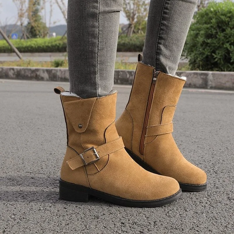

2021 Winter New Women Flat Bottom Square Heel Round Head Middle Tube Daily Women Boots Are Warm Simple Versatile