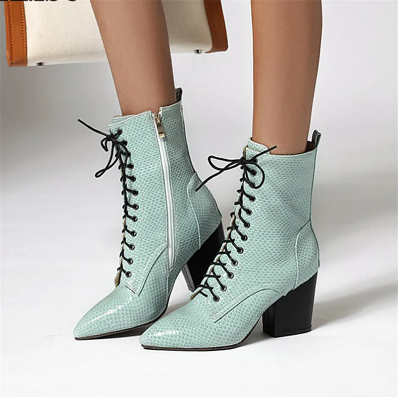 

2019 New Brand Snakeskin Women's Boots Fashion Pointed Toe Autumn Winter Ankle Boots Lace-up Western Motorcycle Boots for Women