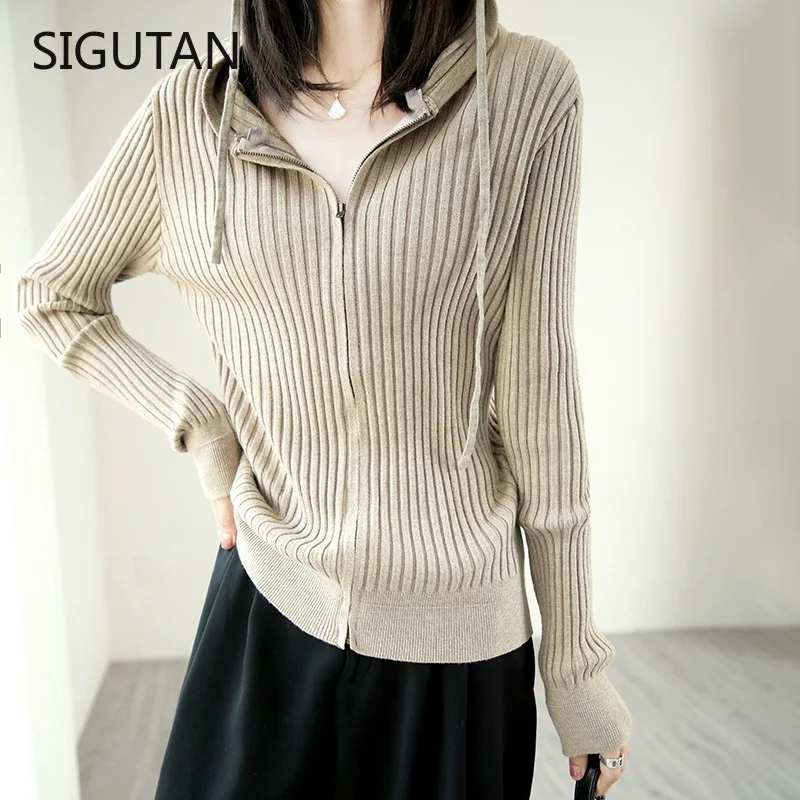 

Женский кардиган с двойным утеплителем, свободный свитер с высоким воротником, Женский однотонный шерстяной свитер, вязаные кардиганы с ка...