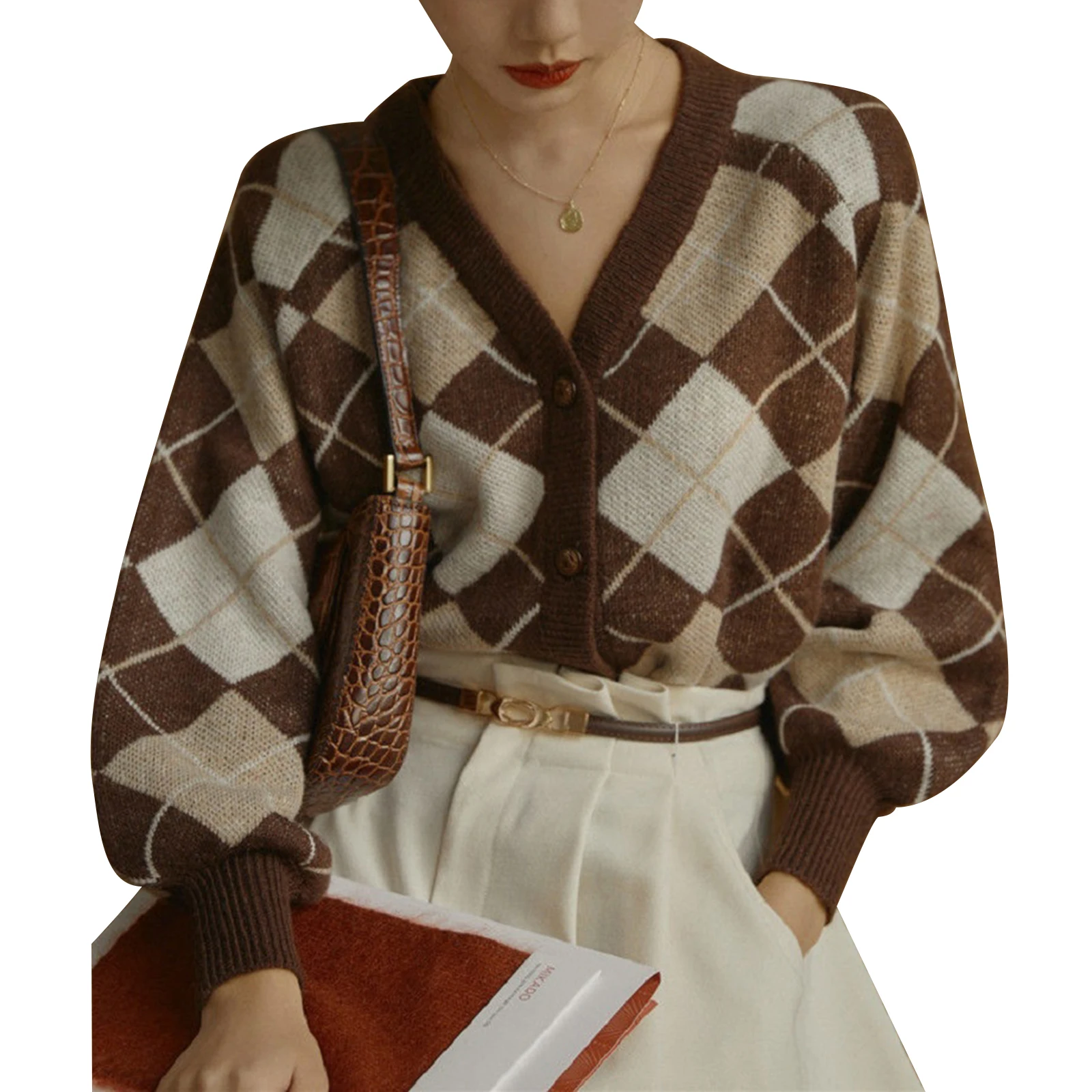 

Женский Повседневный Кардиган с длинным рукавом, трикотажный клетчатый кардиган контрастных цветов с рисунком ромбиков и V-образным вырезо...