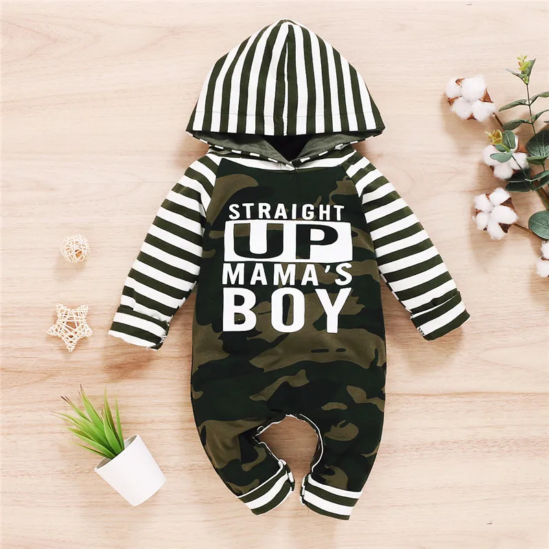 

Autumn Clothing For Newborn Baby Boy Girl Camo Romper Striped Spring Long Sleeve Hooded Jumpsuit Baby Letter Rompers Outfits